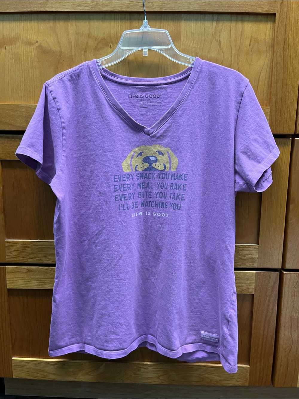 Life Is Good Lavender V‑Neck Crusher Tee with puppy dog